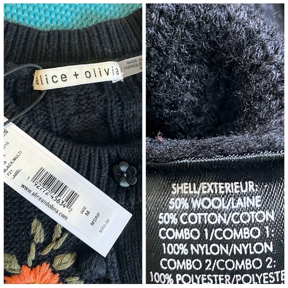 Alice + Olivia Kitty Floral Puff Sleeve Wool Blend Black Cardigan Sweater - Picture 14 of 16